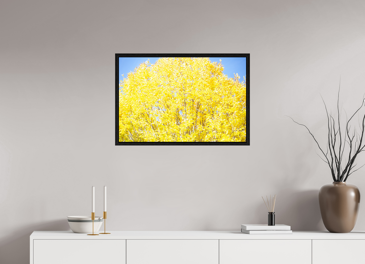 30 x 20″, Floater Frame Spring Yellow Tree
