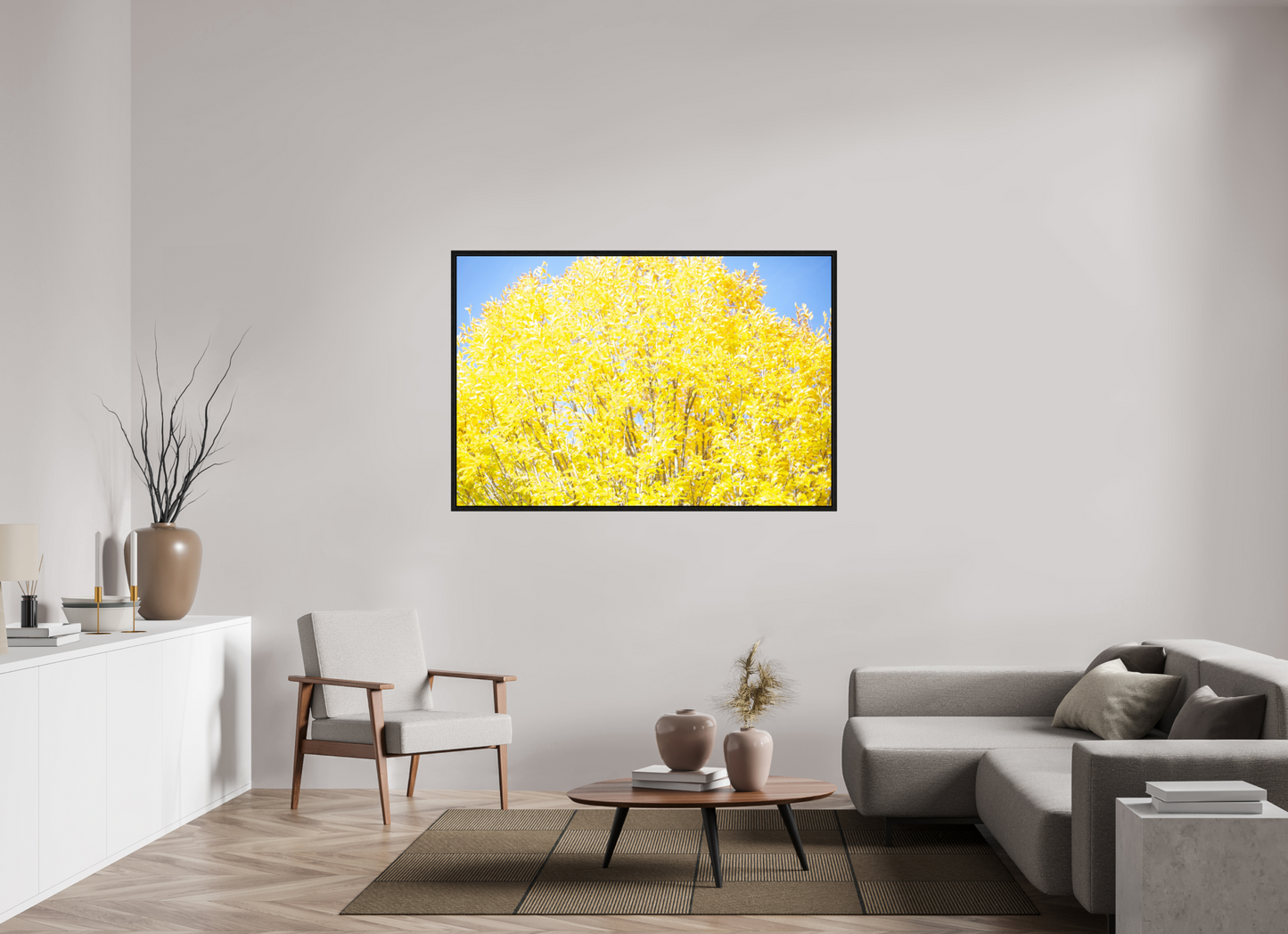 60 x 40″, Floater Frame Spring Yellow Tree