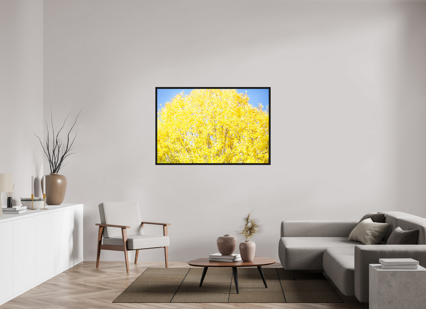 54 x 36″, Floater Frame Spring Yellow Tree