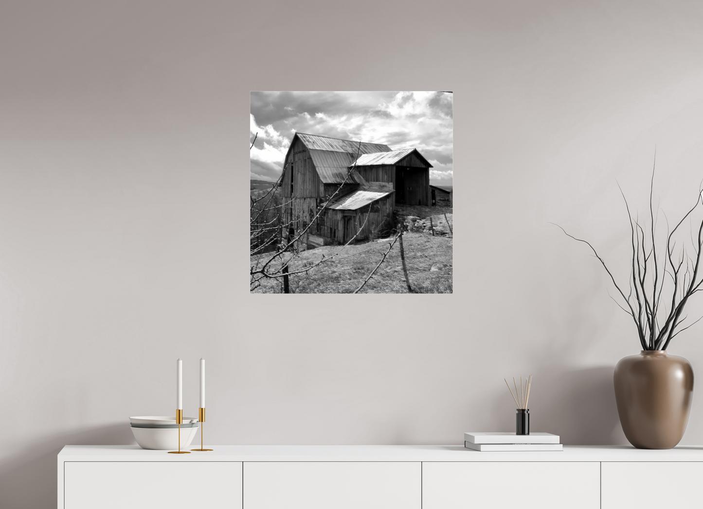 25 x 25″, matte paper Black and white barn on top of Hess Road
