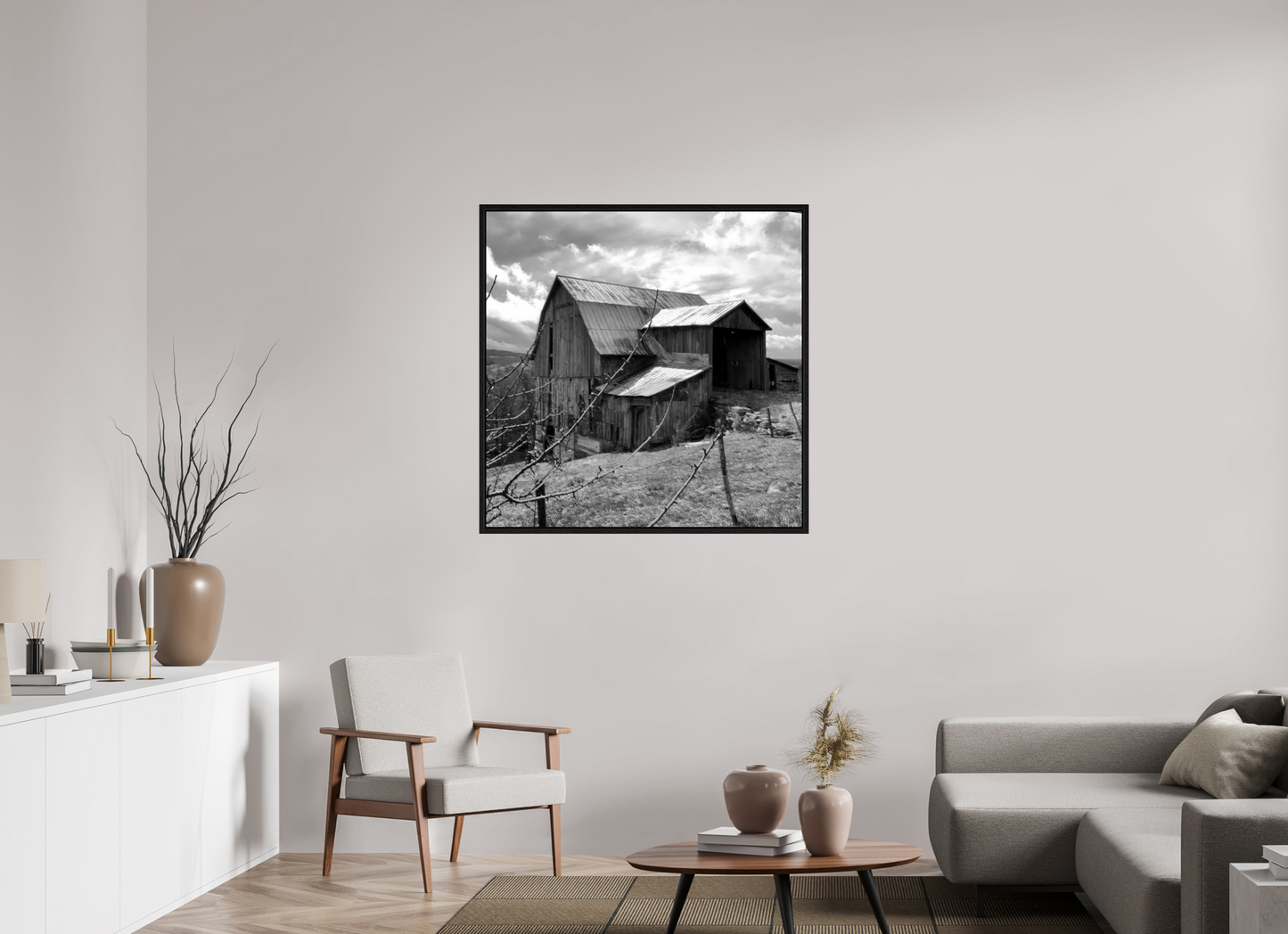 40 x 40″, Floater Frame Black and white barn on top of Hess Road
