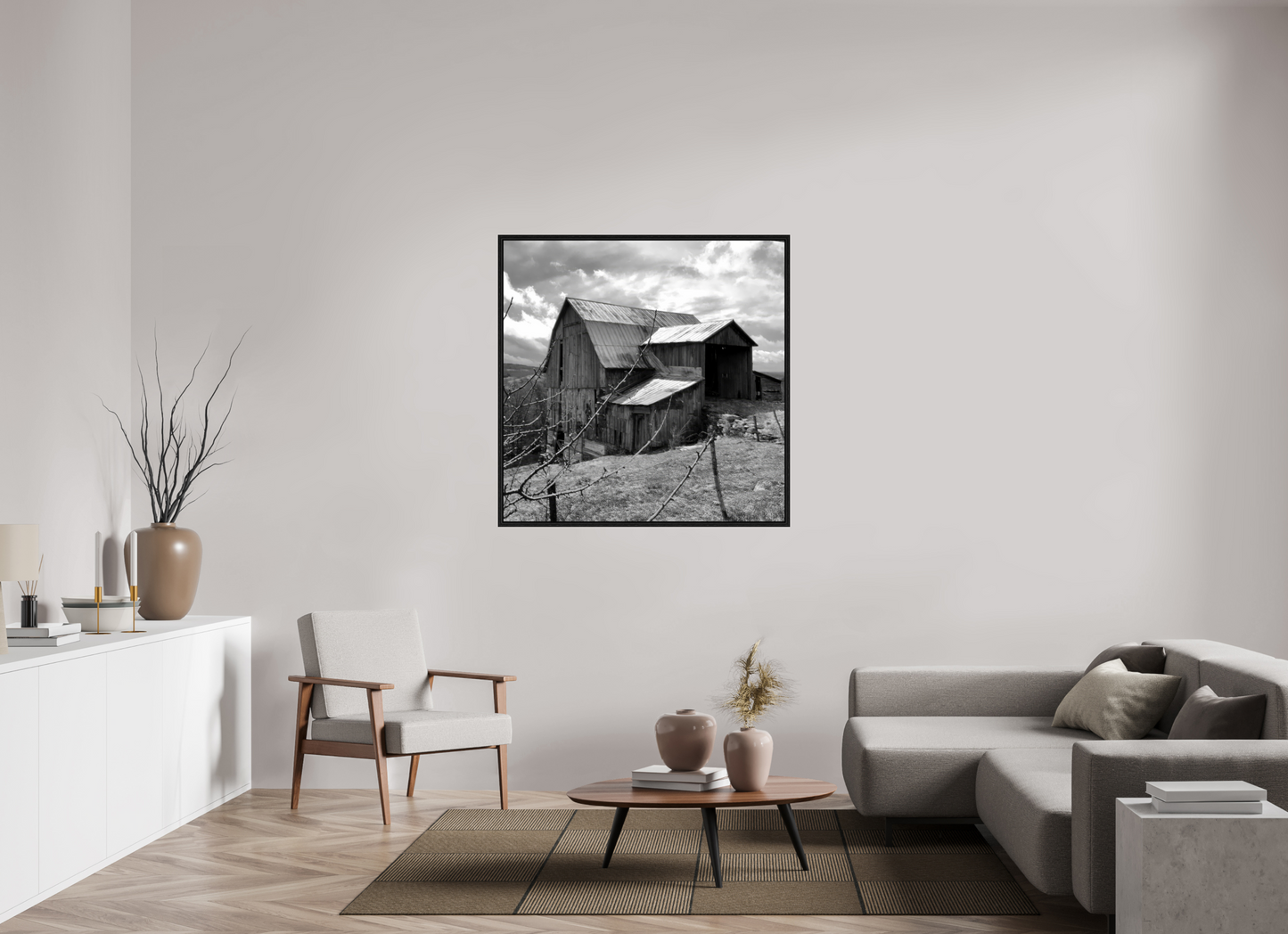 45 x 45″, Floater Frame Black and white barn on top of Hess Road