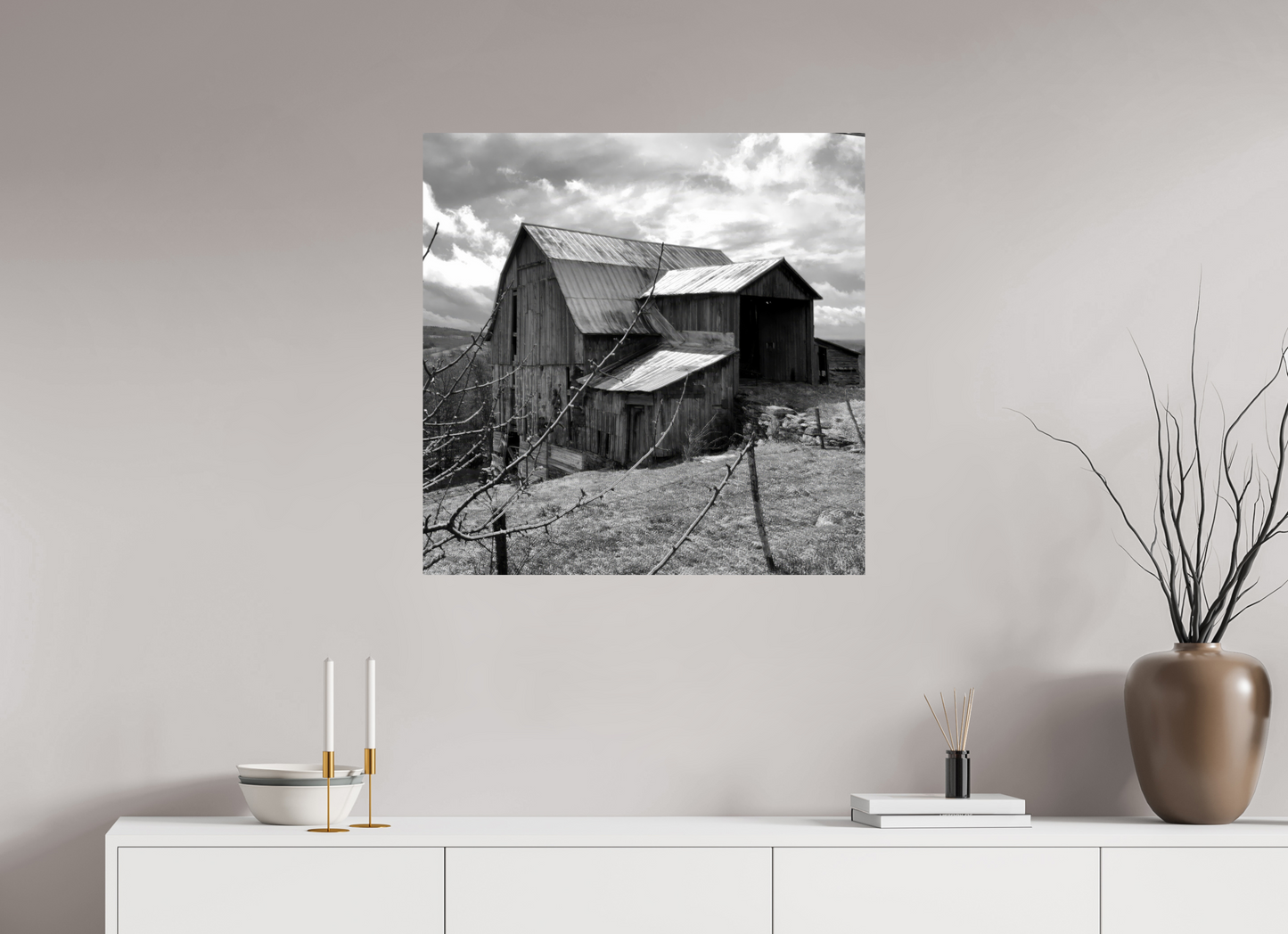 30 x 30″, Photo Print On Fuji Crystal DP II Black and white barn on top of Hess Road