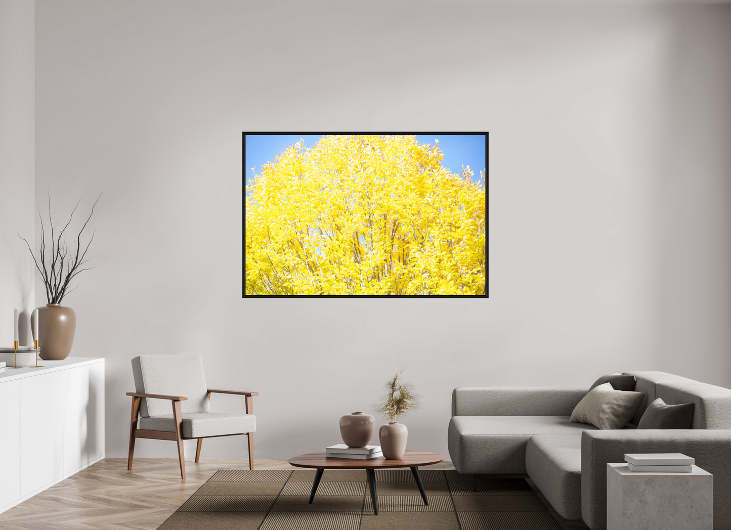 66 x 44″, Floater Frame Spring Yellow Tree