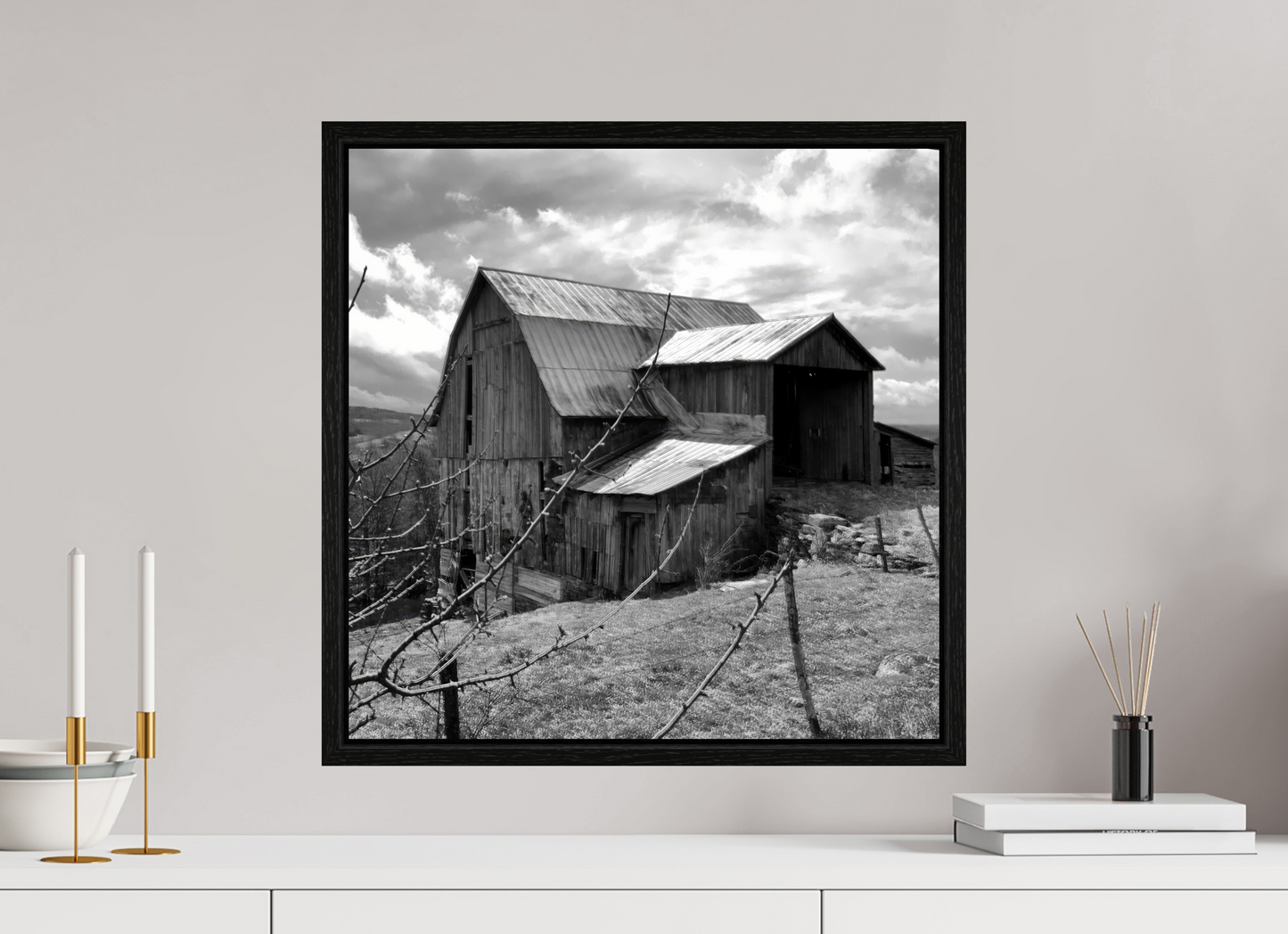 20 x 20″, Floater Frame Black and white barn on top of Hess Road