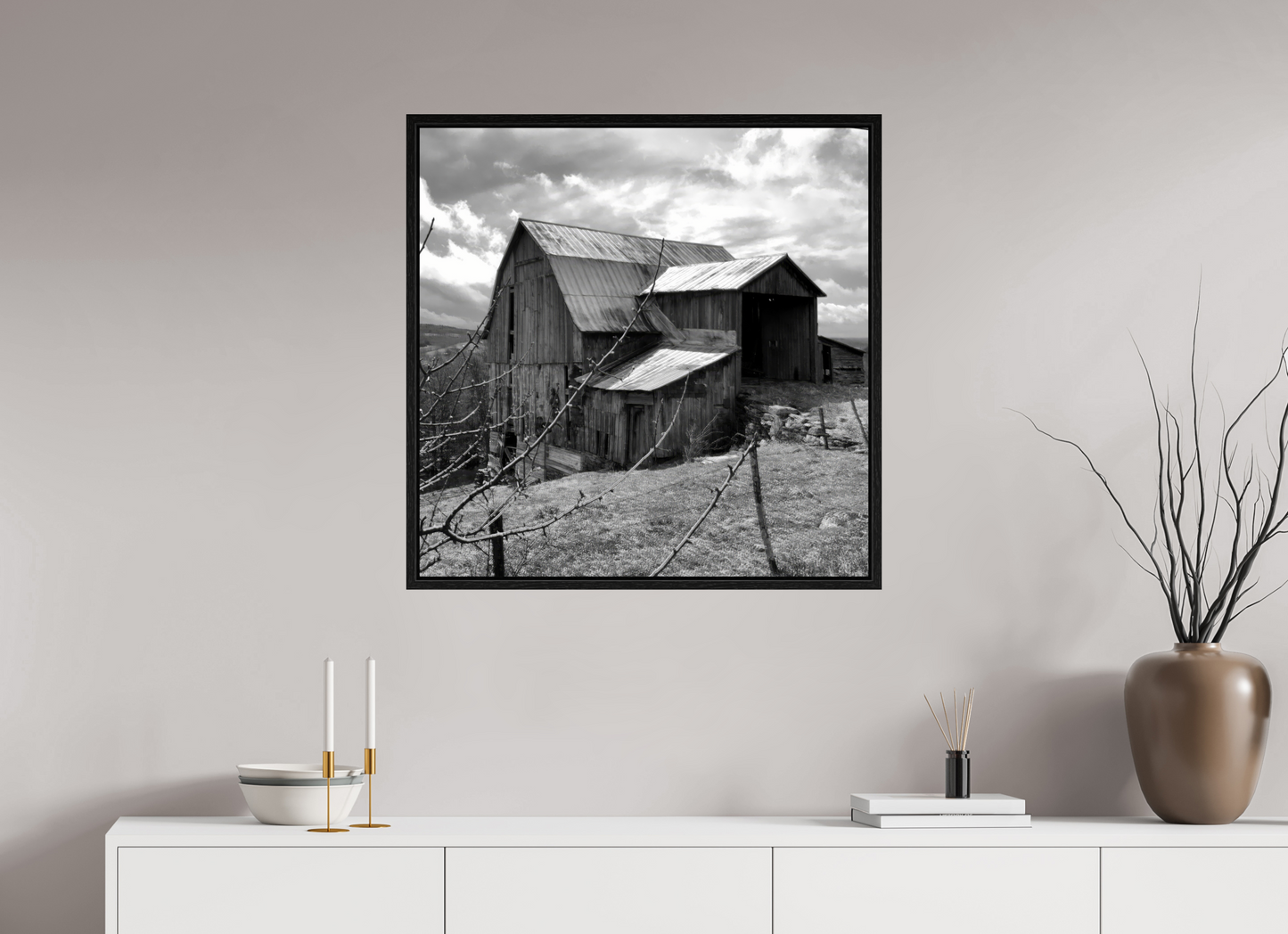 30 x 30″, Floater Frame Black and white barn on top of Hess Road