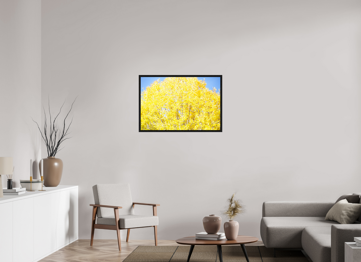 36 x 24″, Floater Frame Spring Yellow Tree