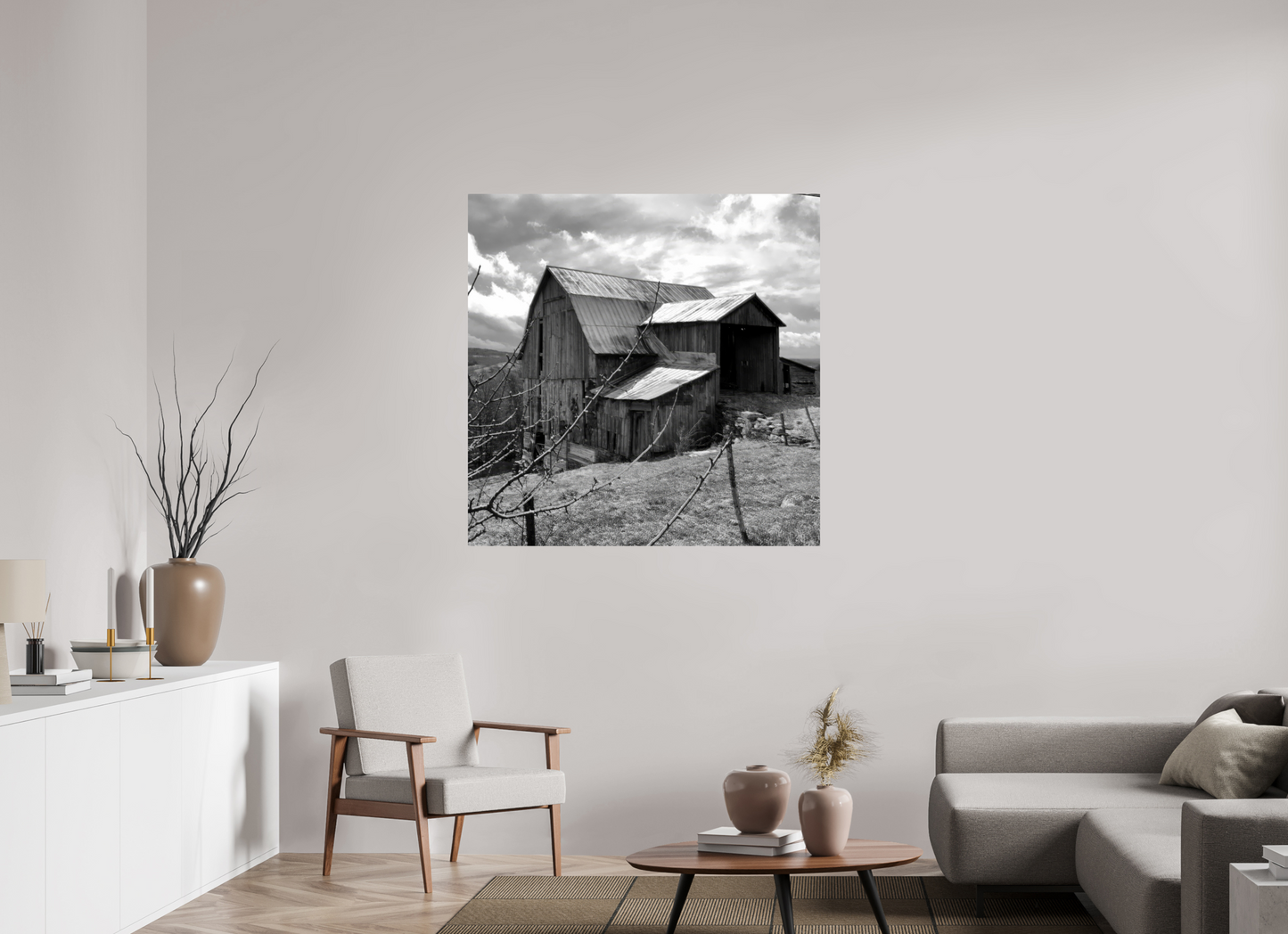 45 x 45″, Photo Print On Fuji Crystal DP II Black and white barn on top of Hess Road