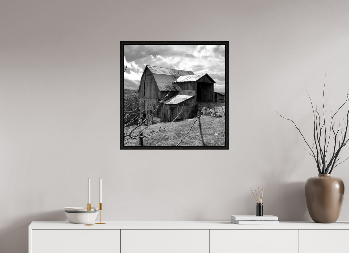 25 x 25″, Floater Frame Black and white barn on top of Hess Road