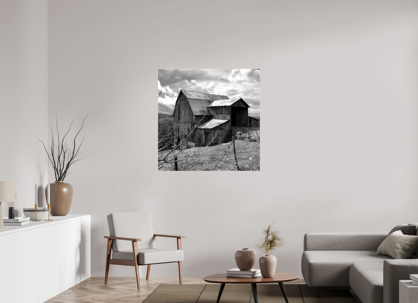 40 x 40″, matte paper Black and white barn on top of Hess Road